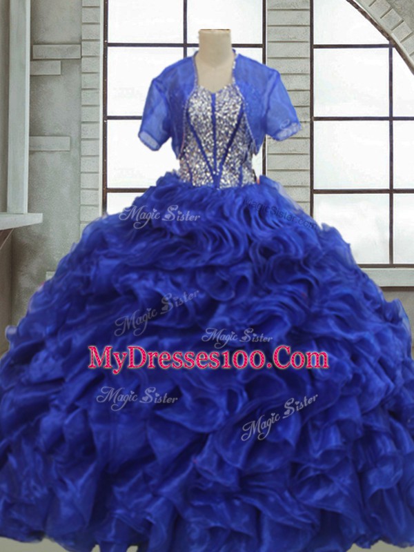 Nice Royal Blue Short Sleeves Organza Lace Up Quinceanera Dress for Military Ball and Sweet 16 and Quinceanera