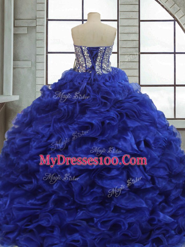 Nice Royal Blue Short Sleeves Organza Lace Up Quinceanera Dress for Military Ball and Sweet 16 and Quinceanera