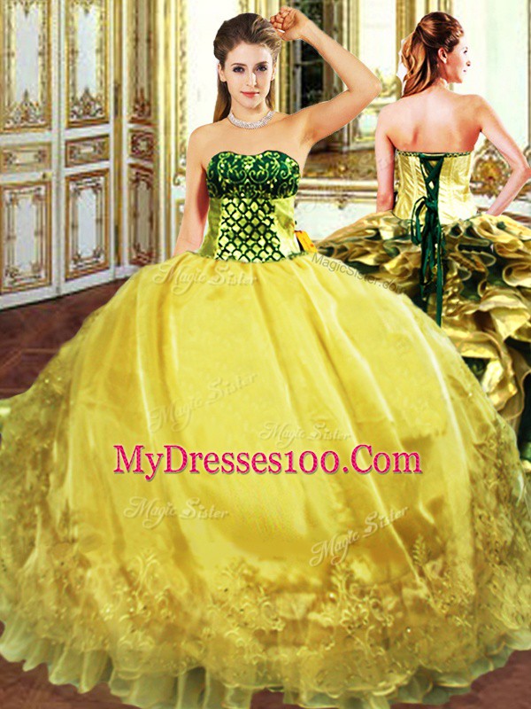Nice Gold Sleeveless Floor Length Embroidery and Ruffles Lace Up Quinceanera Gown
