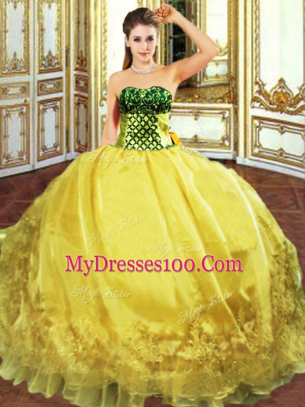 Nice Gold Sleeveless Floor Length Embroidery and Ruffles Lace Up Quinceanera Gown