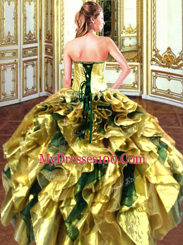Nice Gold Sleeveless Floor Length Embroidery and Ruffles Lace Up Quinceanera Gown