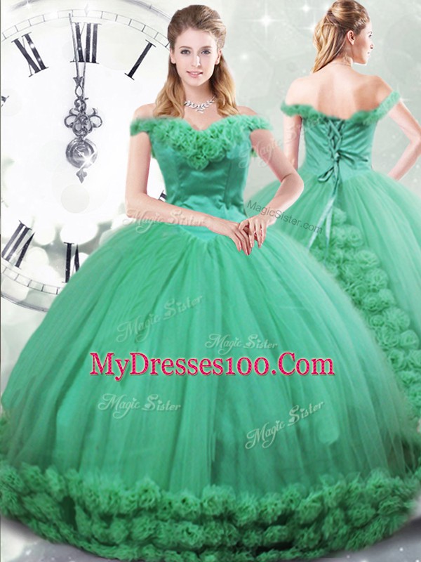 Stunning Brush Train Ball Gowns Quinceanera Gown Turquoise Off The Shoulder Fabric With Rolling Flowers Sleeveless Lace Up