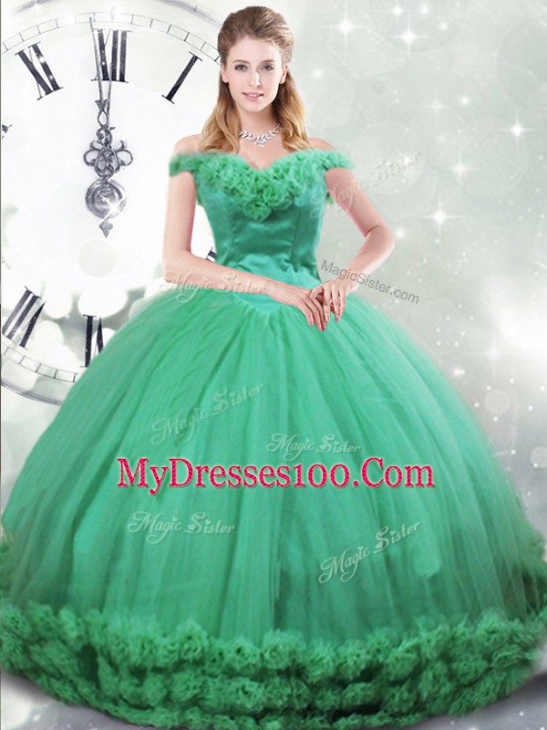 Stunning Brush Train Ball Gowns Quinceanera Gown Turquoise Off The Shoulder Fabric With Rolling Flowers Sleeveless Lace Up