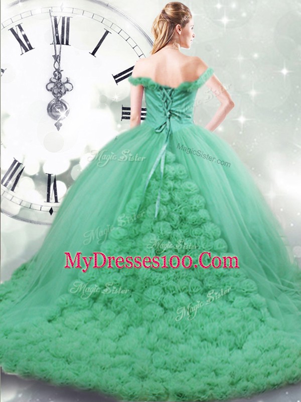 Stunning Brush Train Ball Gowns Quinceanera Gown Turquoise Off The Shoulder Fabric With Rolling Flowers Sleeveless Lace Up