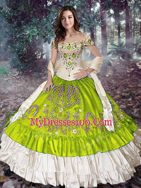 Floor Length Lace Up Quinceanera Gowns Yellow Green for Military Ball and Sweet 16 and Quinceanera with Embroidery and Ruffled Layers