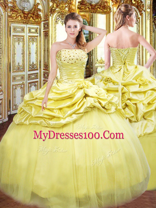 Best Selling Sleeveless Floor Length Beading and Pick Ups Lace Up Quince Ball Gowns with Gold