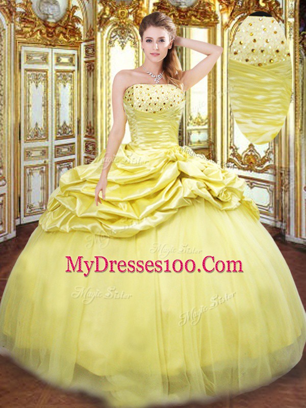 Best Selling Sleeveless Floor Length Beading and Pick Ups Lace Up Quince Ball Gowns with Gold