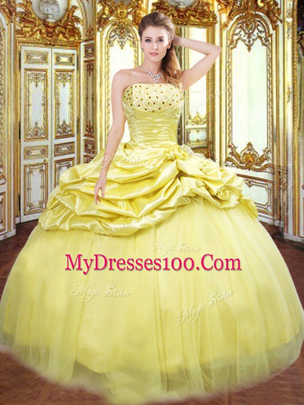Best Selling Sleeveless Floor Length Beading and Pick Ups Lace Up Quince Ball Gowns with Gold