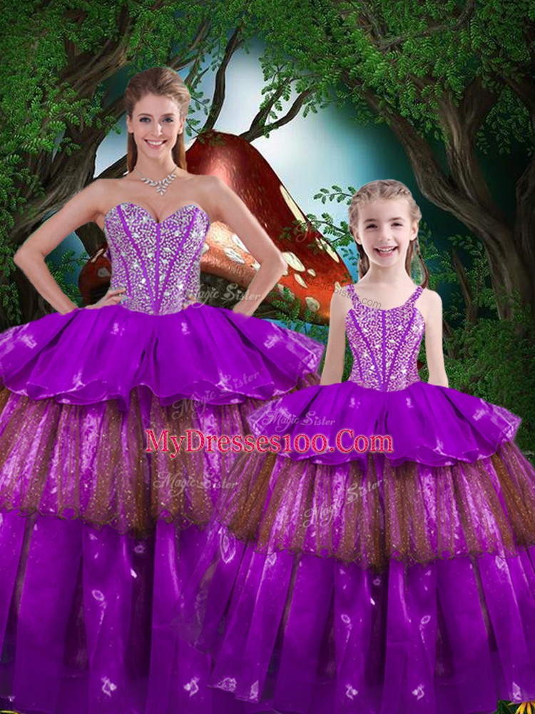 Fine Purple Sweetheart Lace Up Beading and Ruffled Layers Quinceanera Gown Sleeveless
