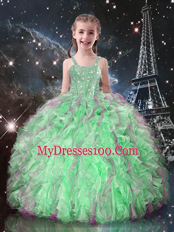 Green Sleeveless Beading and Ruffles Floor Length 15 Quinceanera Dress