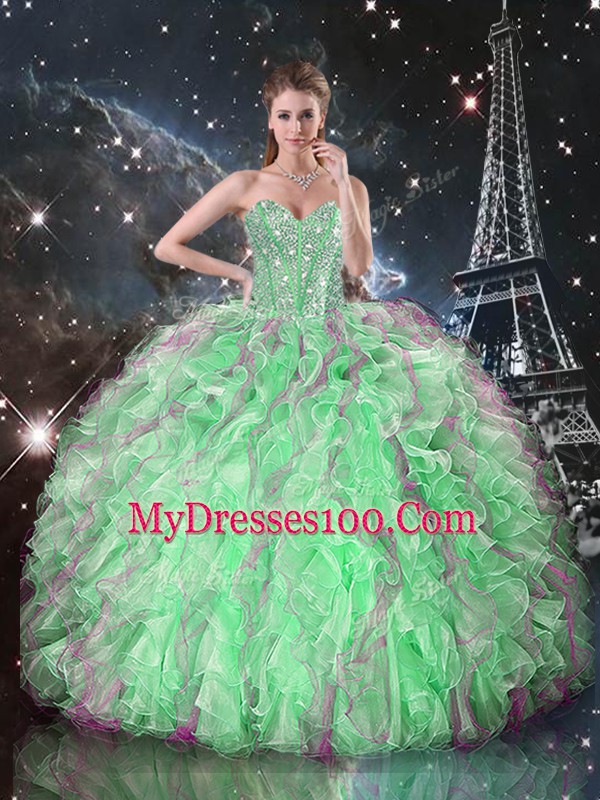 Green Sleeveless Beading and Ruffles Floor Length 15 Quinceanera Dress