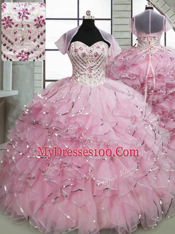 Ball Gowns Sleeveless Baby Pink 15th Birthday Dress Brush Train Lace Up