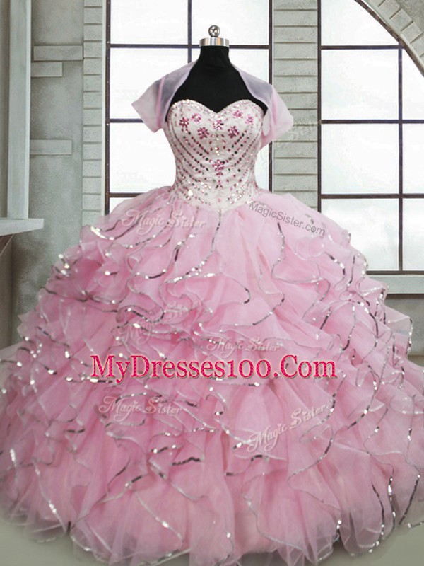 Ball Gowns Sleeveless Baby Pink 15th Birthday Dress Brush Train Lace Up