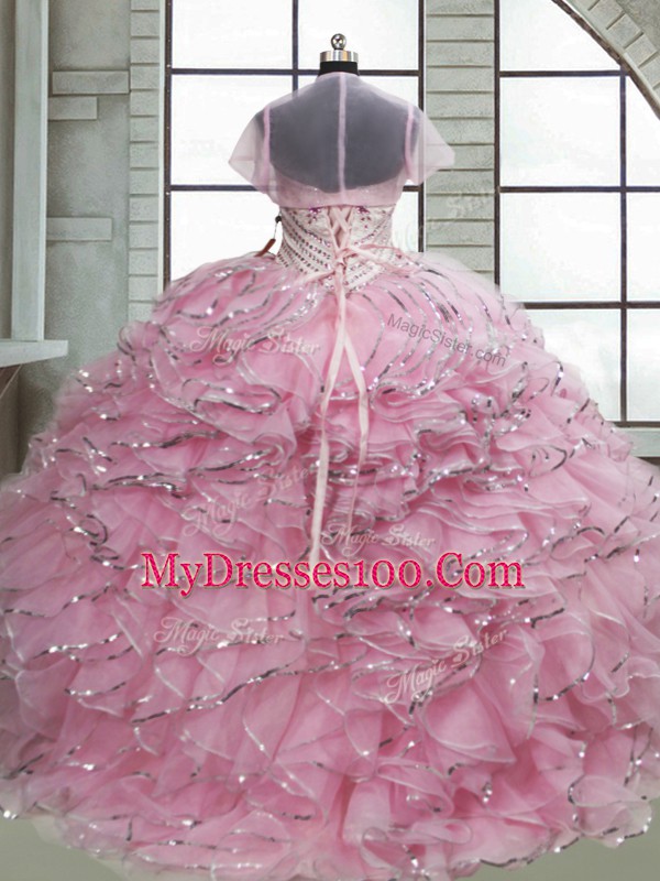 Ball Gowns Sleeveless Baby Pink 15th Birthday Dress Brush Train Lace Up