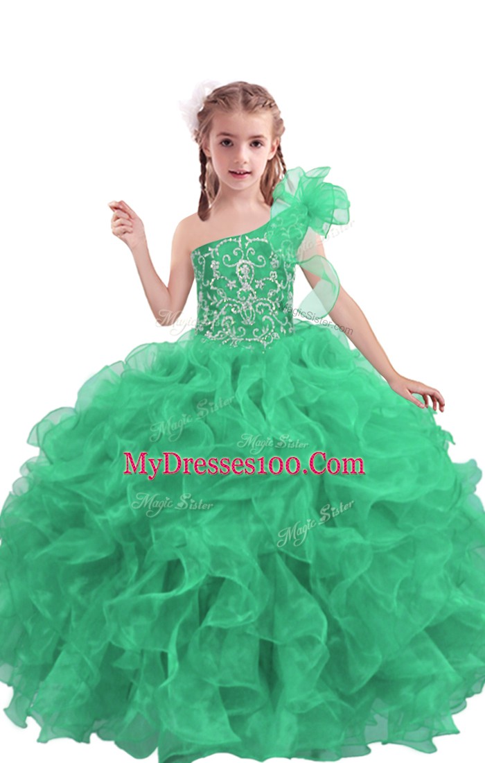 Apple Green Ball Gowns One Shoulder Sleeveless Organza Floor Length Lace Up Beading and Ruffles Kids Formal Wear