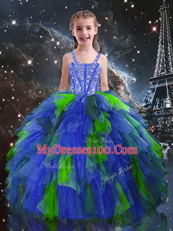 Sleeveless Floor Length Beading and Ruffles Lace Up Little Girls Pageant Gowns with Blue