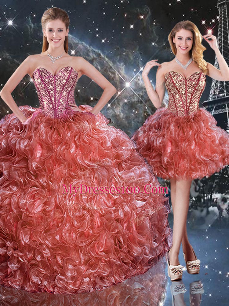 Custom Made Sleeveless Floor Length Beading and Ruffles Lace Up 15 Quinceanera Dress with Rust Red