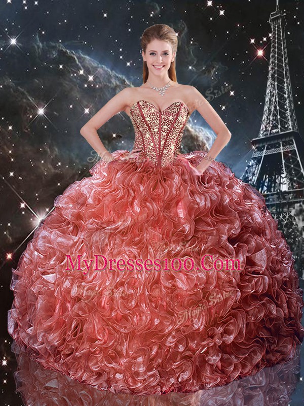 Custom Made Sleeveless Floor Length Beading and Ruffles Lace Up 15 Quinceanera Dress with Rust Red