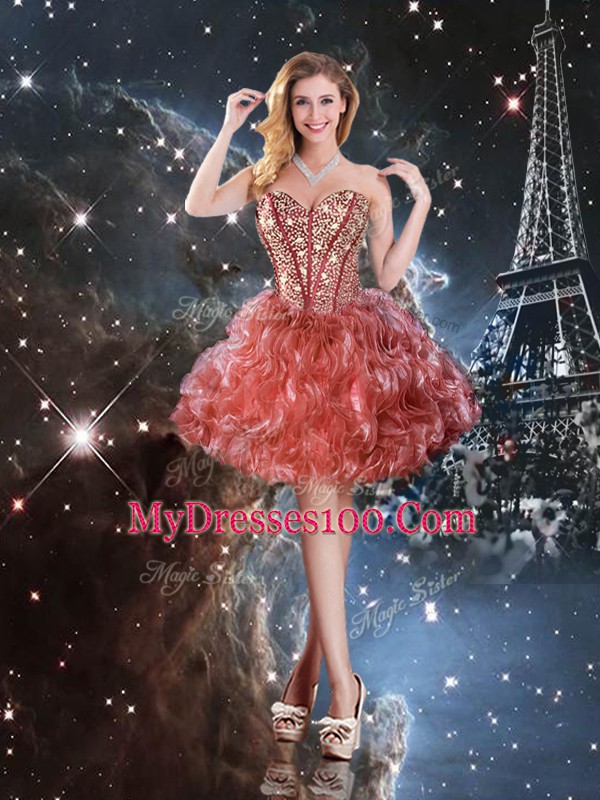 Custom Made Sleeveless Floor Length Beading and Ruffles Lace Up 15 Quinceanera Dress with Rust Red
