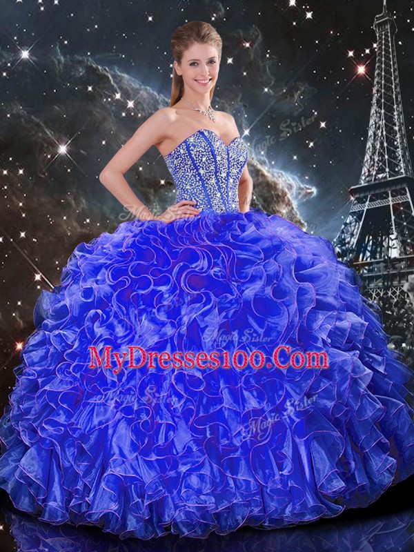 Fitting Floor Length Blue Ball Gown Prom Dress Sweetheart Sleeveless Lace Up