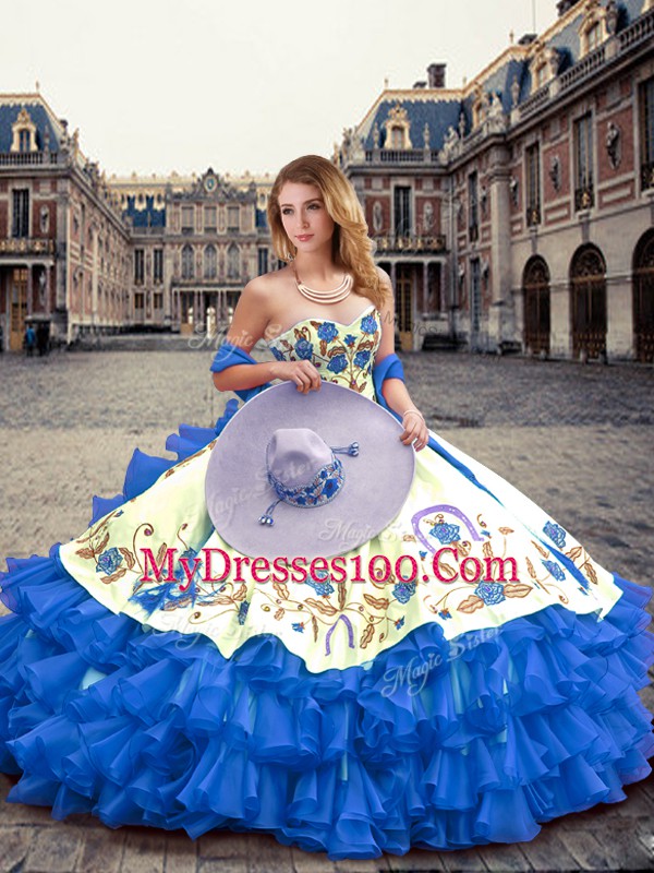 Blue Ball Gowns Organza Sweetheart Sleeveless Embroidery and Ruffled Layers Floor Length Lace Up Quince Ball Gowns