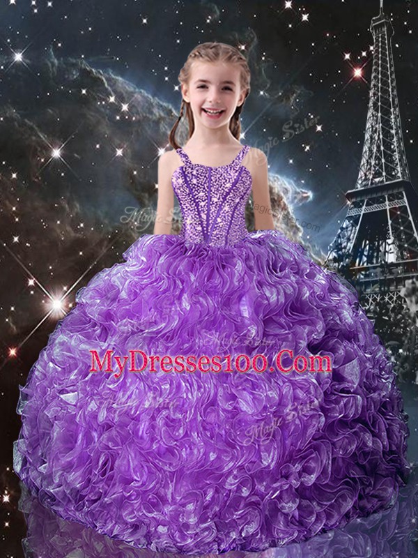 Top Selling Organza Straps Sleeveless Lace Up Beading and Ruffles Kids Formal Wear in Eggplant Purple