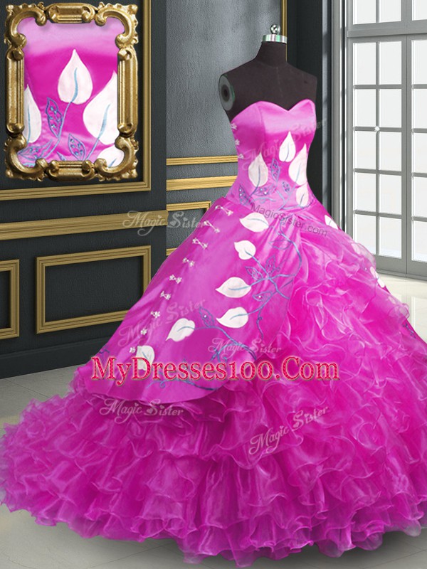 Fuchsia Sweetheart Neckline Embroidery and Ruffles Ball Gown Prom Dress Sleeveless Lace Up