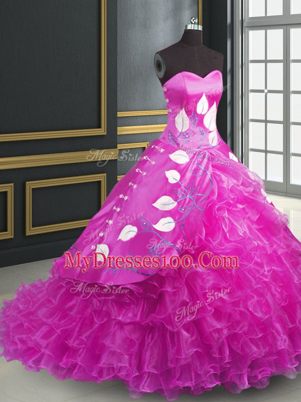 Fuchsia Sweetheart Neckline Embroidery and Ruffles Ball Gown Prom Dress Sleeveless Lace Up