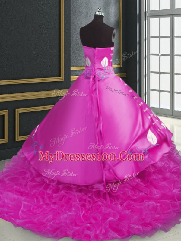 Fuchsia Sweetheart Neckline Embroidery and Ruffles Ball Gown Prom Dress Sleeveless Lace Up