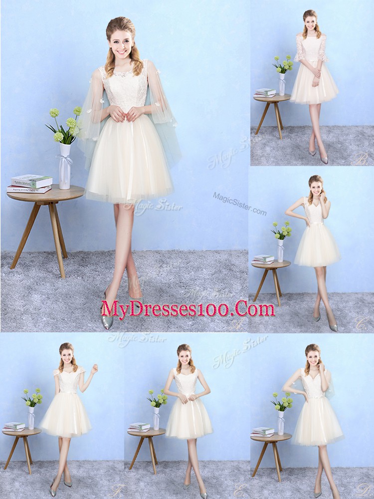 Knee Length Lace Up Wedding Party Dress Champagne for Wedding Party with Lace