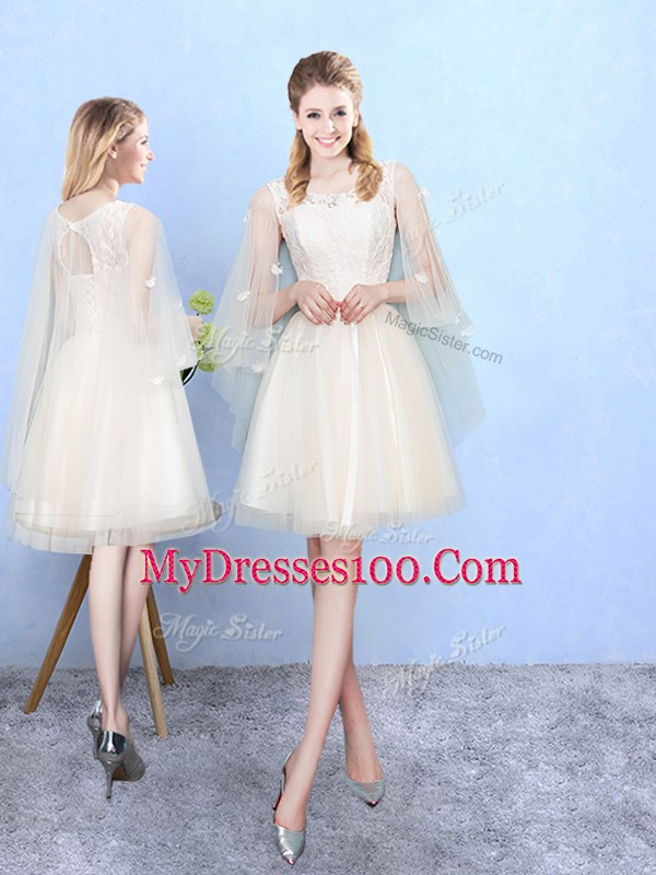 Knee Length Lace Up Wedding Party Dress Champagne for Wedding Party with Lace
