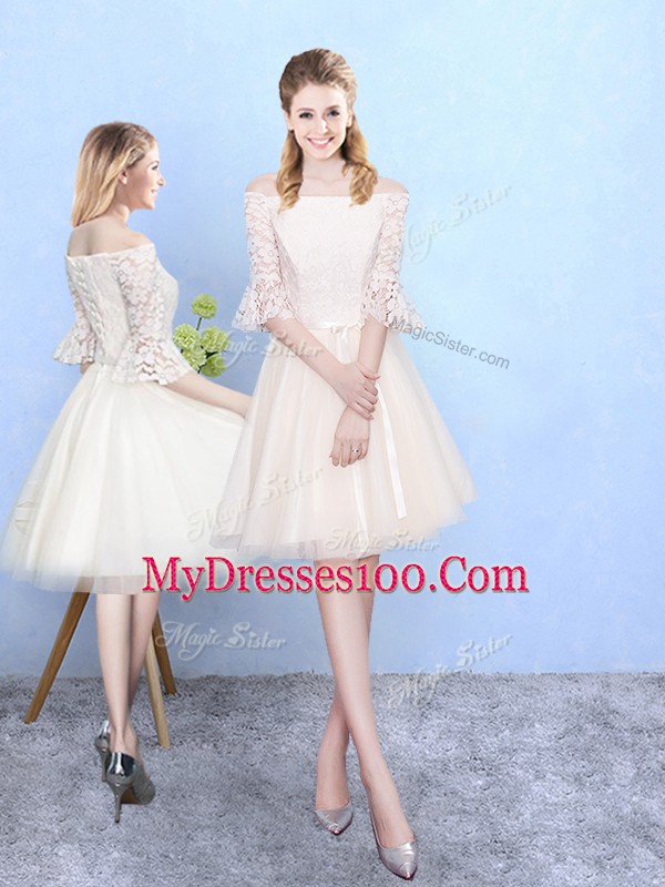 Knee Length Lace Up Wedding Party Dress Champagne for Wedding Party with Lace