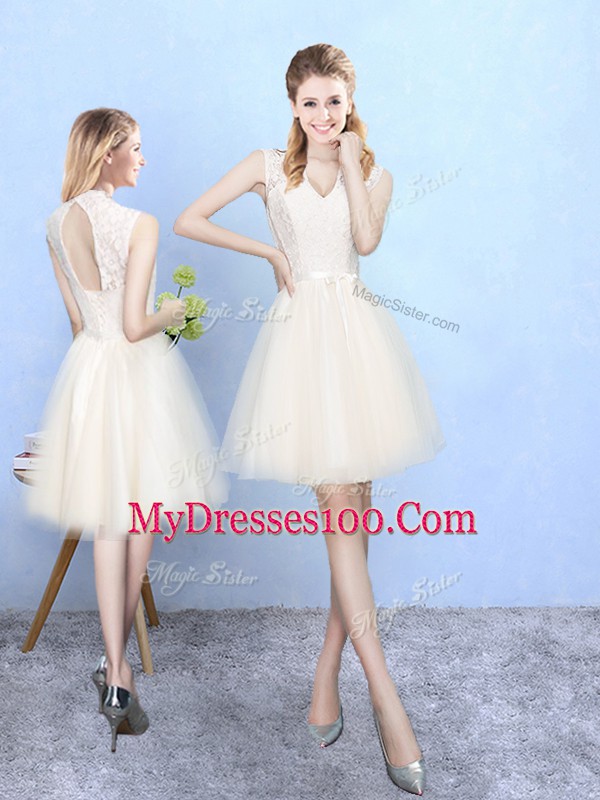 Knee Length Lace Up Wedding Party Dress Champagne for Wedding Party with Lace