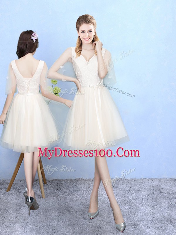 Knee Length Lace Up Wedding Party Dress Champagne for Wedding Party with Lace