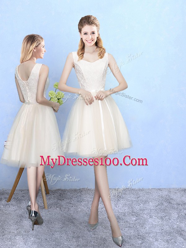 Knee Length Lace Up Wedding Party Dress Champagne for Wedding Party with Lace