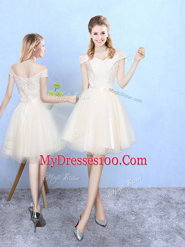 Knee Length Lace Up Wedding Party Dress Champagne for Wedding Party with Lace