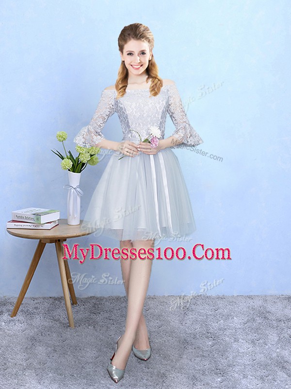 Half Sleeves Lace Up With Train Lace Wedding Party Dress