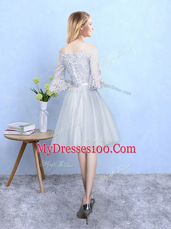 Half Sleeves Lace Up With Train Lace Wedding Party Dress