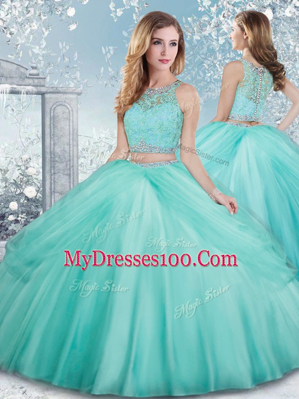 Aqua Blue Clasp Handle Scoop Beading and Lace Sweet 16 Dress Tulle Sleeveless