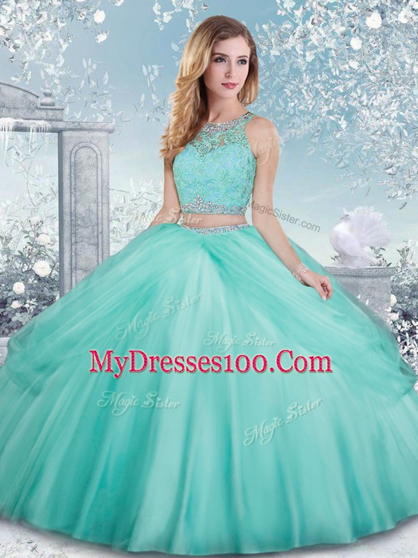 Aqua Blue Clasp Handle Scoop Beading and Lace Sweet 16 Dress Tulle Sleeveless