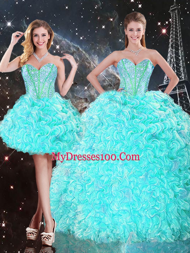 Aqua Blue Sleeveless Beading and Ruffles Floor Length Vestidos de Quinceanera