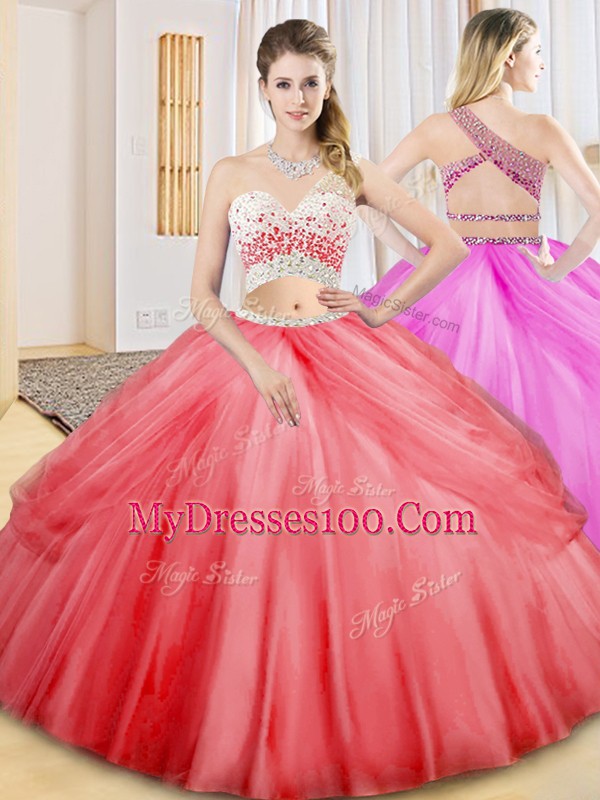 Stunning Coral Red One Shoulder Neckline Beading and Ruching and Pick Ups Quinceanera Gowns Sleeveless Criss Cross