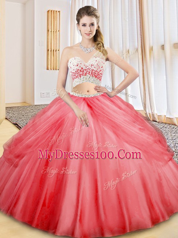 Stunning Coral Red One Shoulder Neckline Beading and Ruching and Pick Ups Quinceanera Gowns Sleeveless Criss Cross
