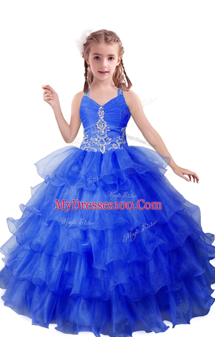 New Arrival Blue Little Girls Pageant Gowns Quinceanera and Wedding Party with Beading and Ruffled Layers V-neck Sleeveless Zipper