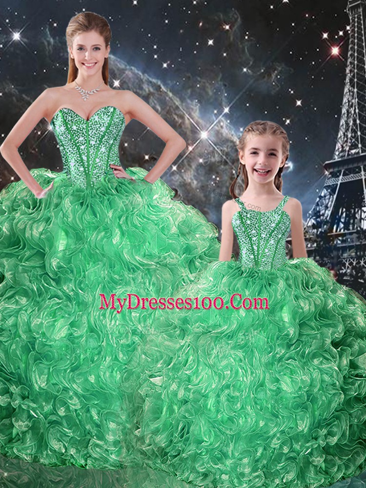 Luxury Green Sweetheart Neckline Beading and Ruffles Quinceanera Dress Sleeveless Lace Up