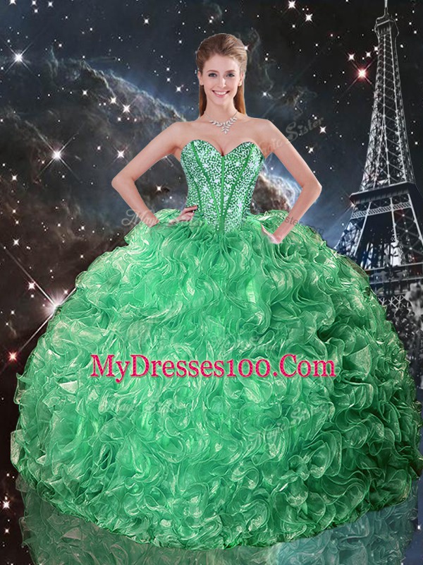 Luxury Green Sweetheart Neckline Beading and Ruffles Quinceanera Dress Sleeveless Lace Up