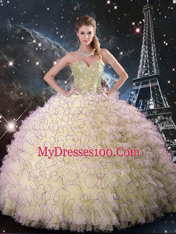 Inexpensive Sleeveless Lace Up Floor Length Beading and Ruffles Quinceanera Dress