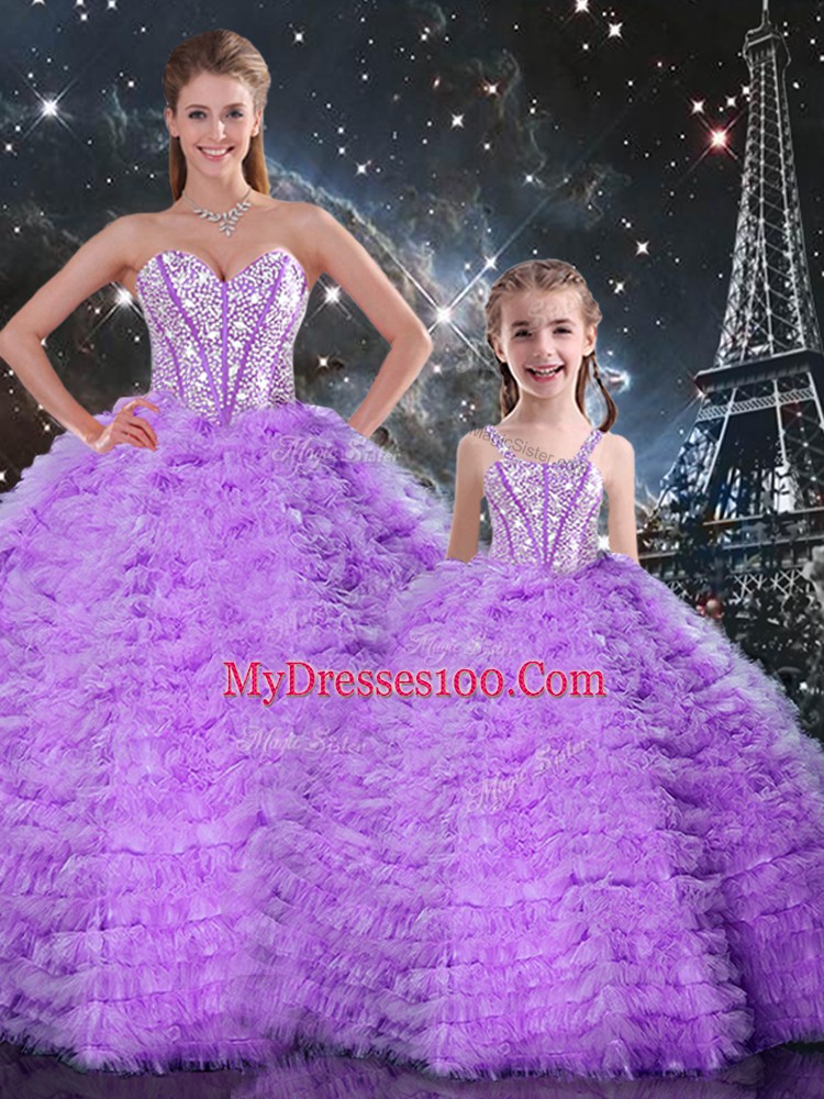 Dazzling Lavender Sweetheart Neckline Beading and Ruffles Quinceanera Gowns Sleeveless Lace Up