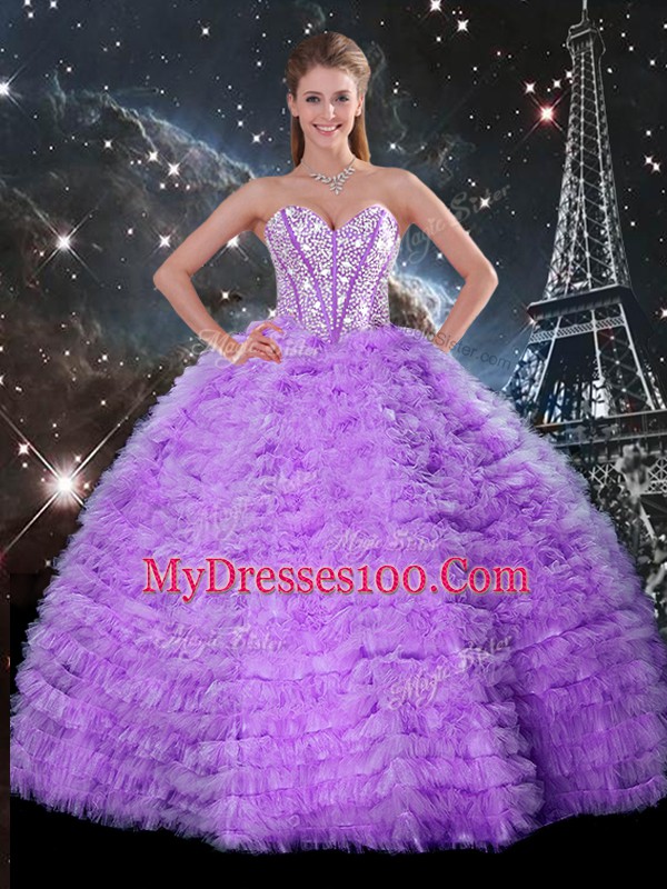 Dazzling Lavender Sweetheart Neckline Beading and Ruffles Quinceanera Gowns Sleeveless Lace Up