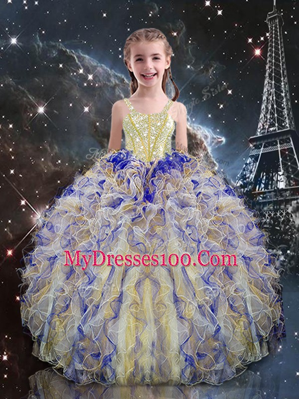 Multi-color Straps Lace Up Beading and Ruffles Little Girl Pageant Gowns Sleeveless
